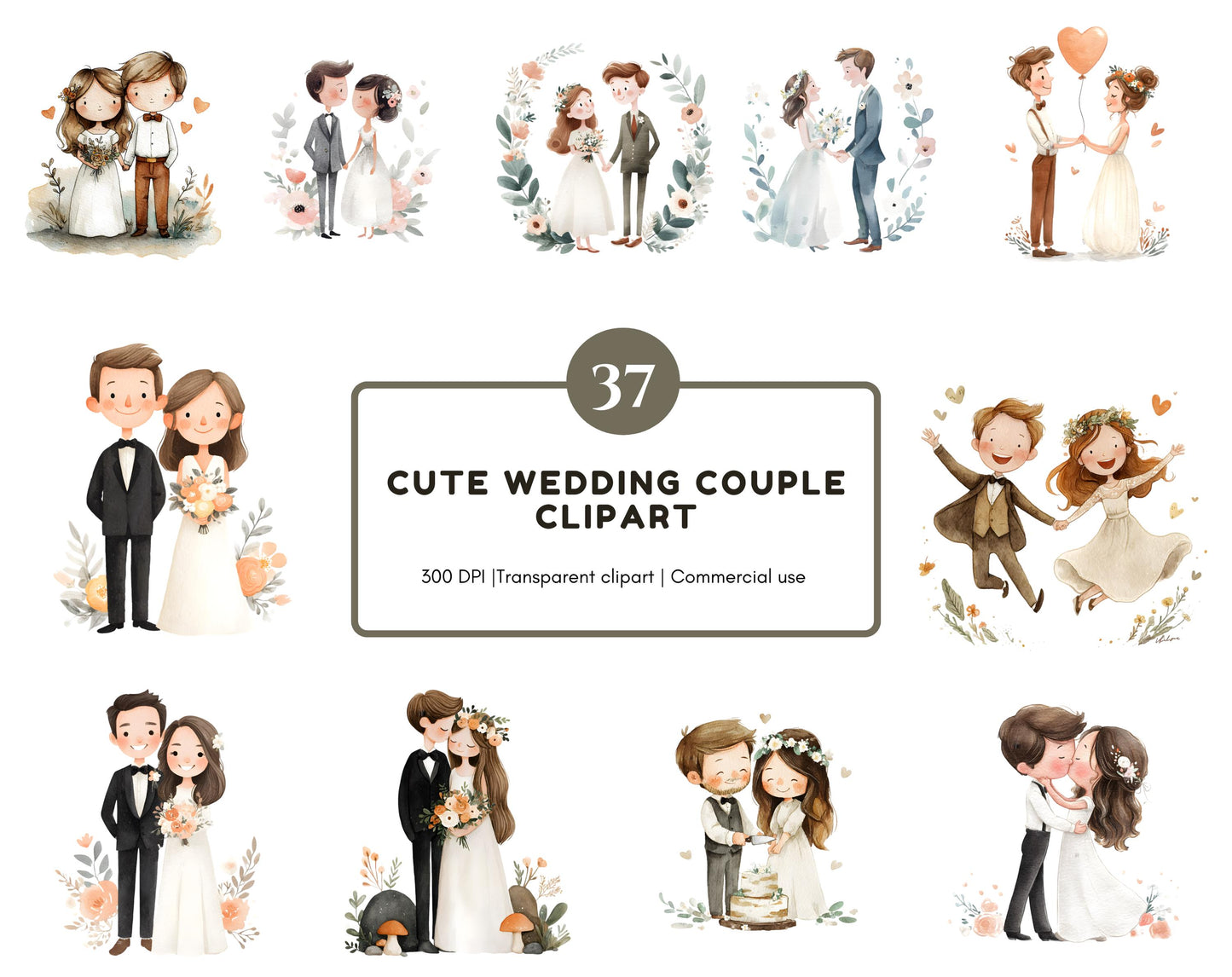 Watercolor Cute Wedding Couple Clipart, Wedding Couple Clipart png Bundle, Bride And Groom Clipart, Love Couple Clipart, Wedding Printable