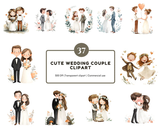 Watercolor Cute Wedding Couple Clipart, Wedding Couple Clipart png Bundle, Bride And Groom Clipart, Love Couple Clipart, Wedding Printable