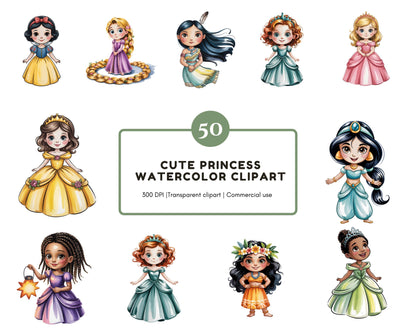 Aquarell-Prinzessinnen-Clipart-Bundle, Prinzessinnen-PNG, Niedliche Prinzessinnen-Clipart, Niedliche Mädchen-Clipart, Prinzessinnen-Clipart, Cartoon-Prinzessinnen-Clipart (PNG)