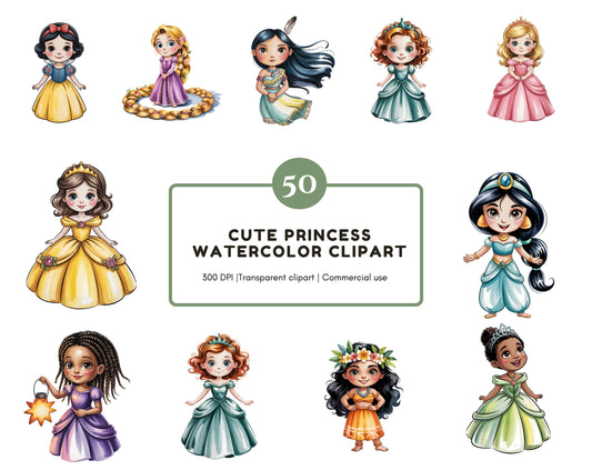 Watercolor Princess Clipart Bundle, Princess png, Cute Princess Clipart, Cute Girl Clipart, Princess Clipart, Cartoon Princess Clipart png