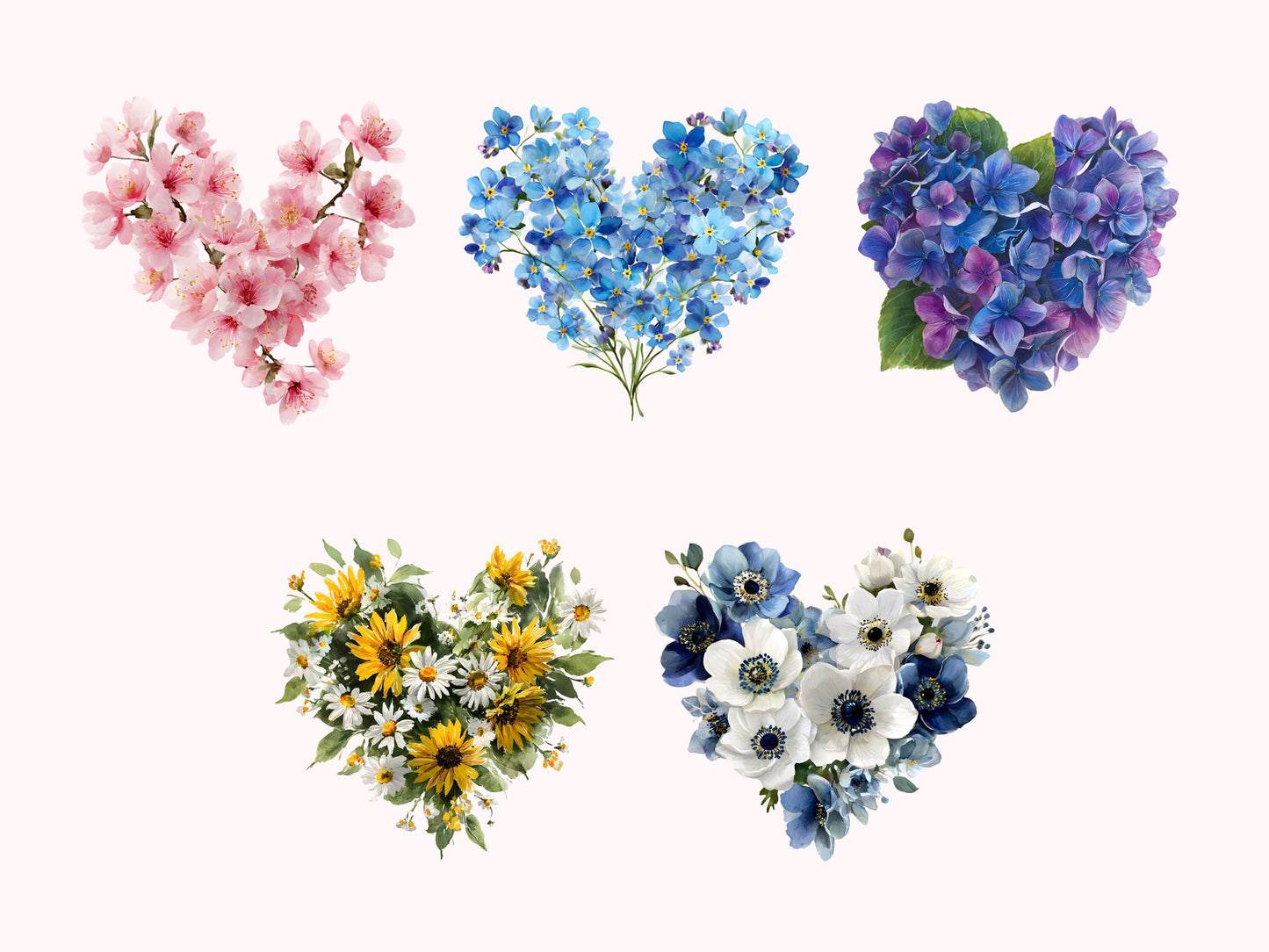 Watercolor Floral Heart Clipart Bundle, Floral Heart png, Cherry Heart png, Heart Printable Clipart, Valentine Floral Heart Clipart