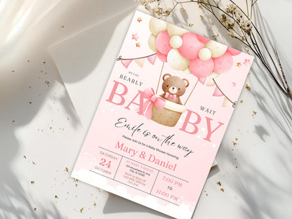 Boho Teddy Bear Baby Shower Invitation, Pink Balloons (Digital Download)