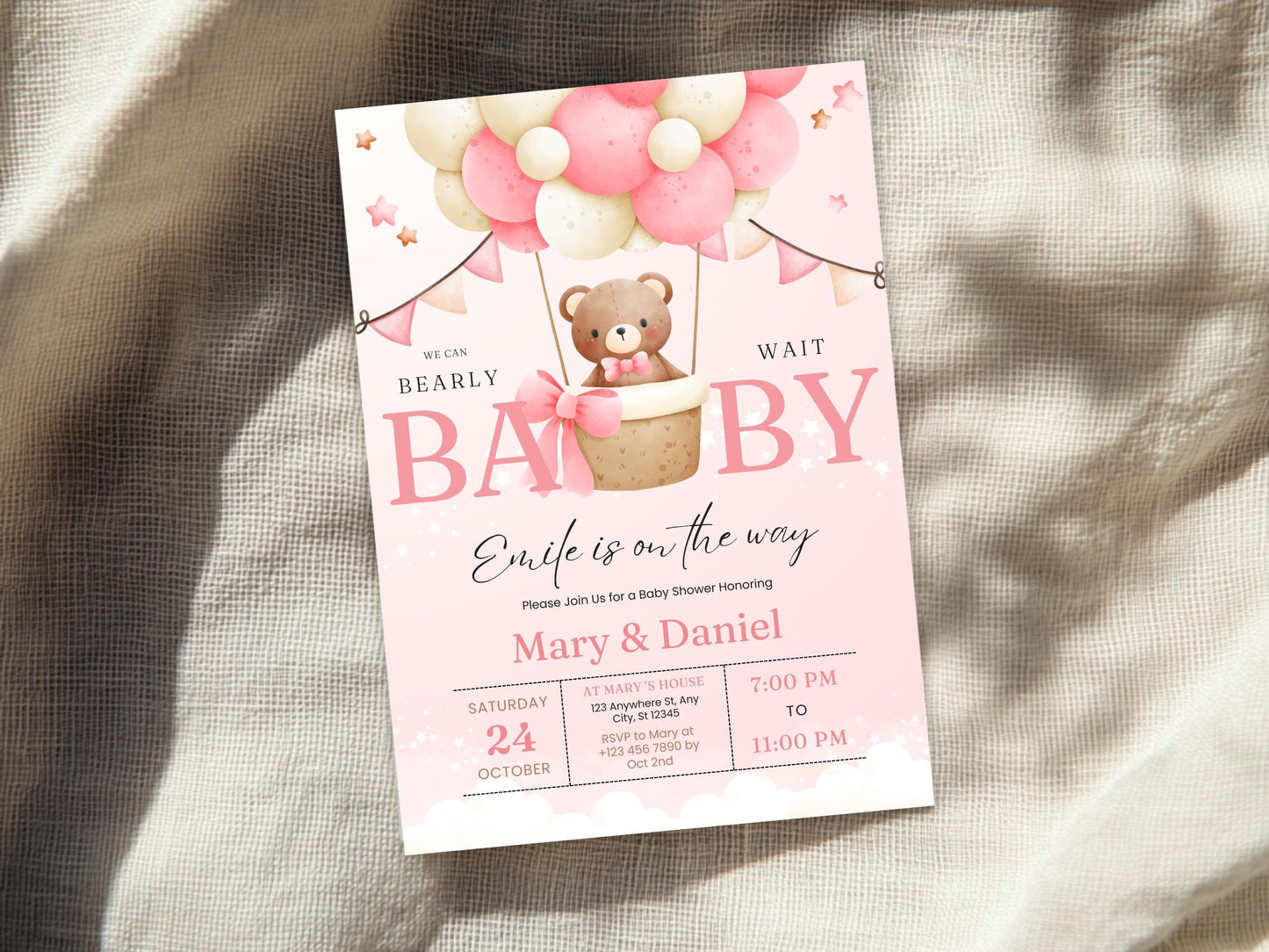 Boho Teddy Bear Baby Shower Invitation, Pink Balloons (Digital Download)