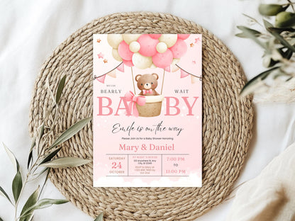 Boho Teddy Bear Baby Shower Invitation, Pink Balloons (Digital Download)