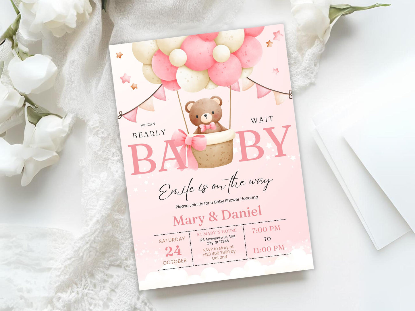 Boho Teddy Bear Baby Shower Invitation, Pink Balloons (Digital Download)