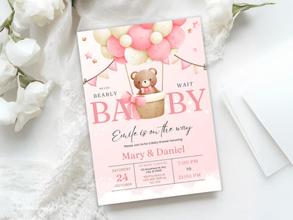 Boho Teddy Bear Baby Shower Invitation, Pink Balloons (Digital Download)