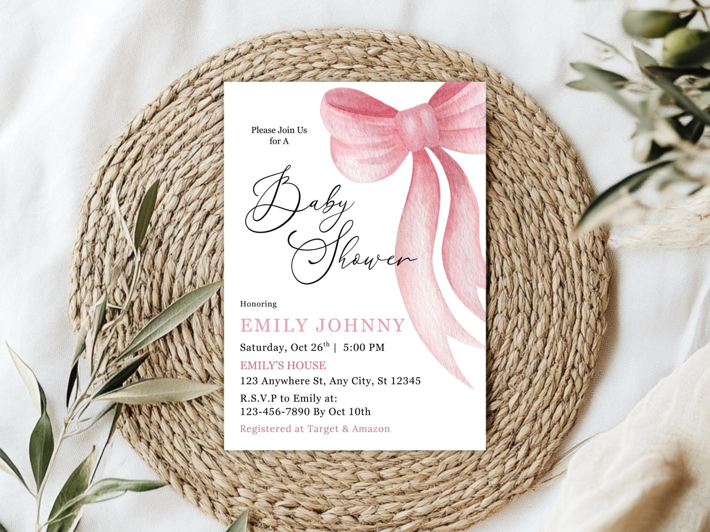 Blush Pink Bow Girl Baby Shower Invitation, Elegant Printable (Digital Download)