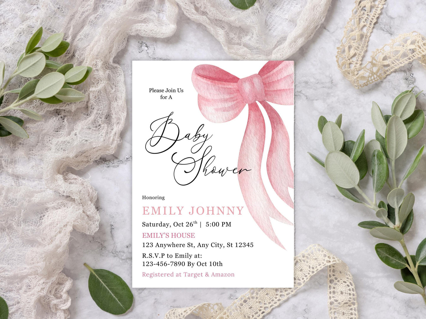 Blush Pink Bow Girl Baby Shower Invitation, Elegant Printable (Digital Download)