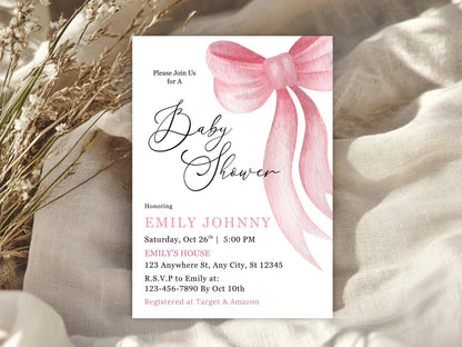 Blush Pink Bow Baby Shower Invitation, Girl, Elegant Canva Template (Digital Download)