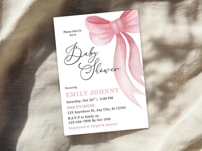 Blush Pink Bow Baby Shower Invitation, Girl, Elegant Canva Template (Digital Download)