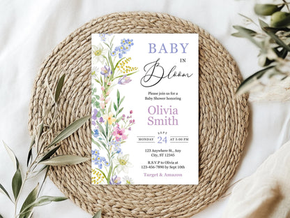 Vintage Floral Baby Shower Invitation, Baby in Bloom (Instant Download)