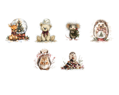 Weihnachts-Clipart-Bundle mit Waldtieren, niedliche Waldtier-Cliparts für Weihnachten, Aquarell-Waldtiere (PNG), festliche Feiertage