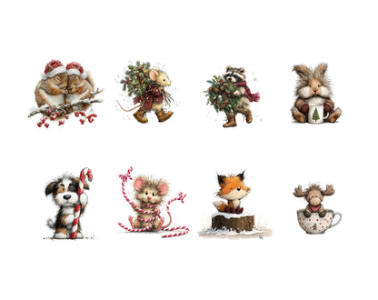Weihnachts-Clipart-Bundle mit Waldtieren, niedliche Waldtier-Cliparts für Weihnachten, Aquarell-Waldtiere (PNG), festliche Feiertage