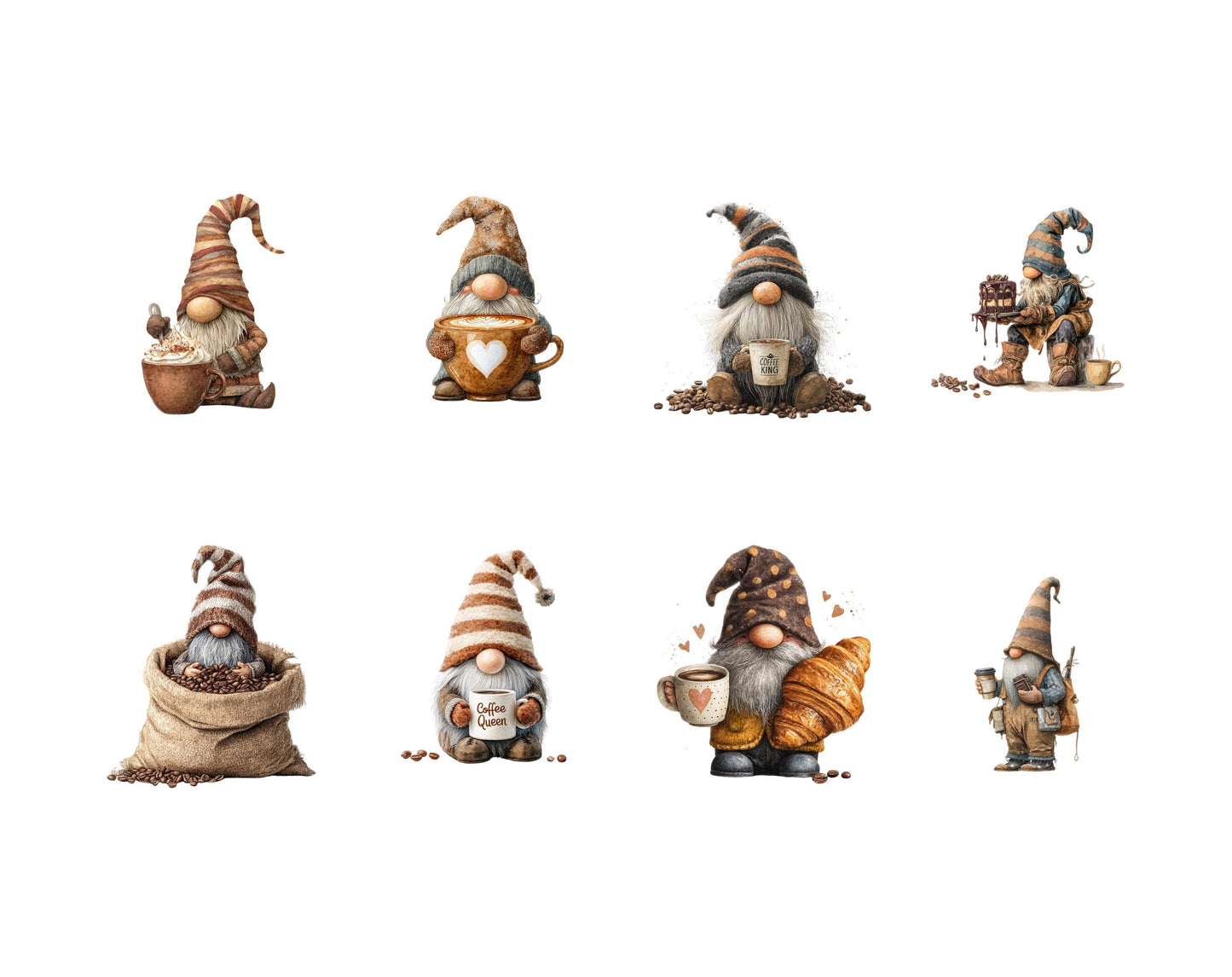 Watercolor Coffee Gnome Clipart Bundle, Coffee Lover PNG (Instant Download)