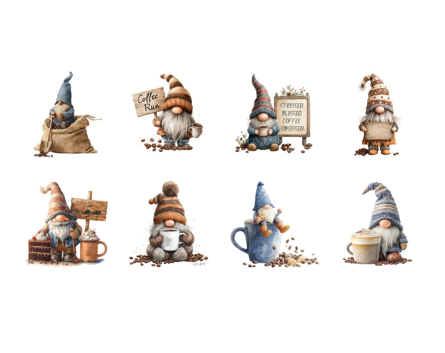 Watercolor Coffee Gnome Clipart Bundle, Coffee Lover PNG (Instant Download)