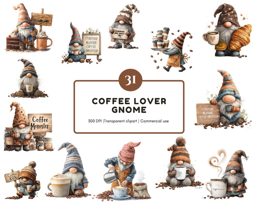 Watercolor Coffee Gnome Clipart Bundle, Coffee Lover PNG (Instant Download)