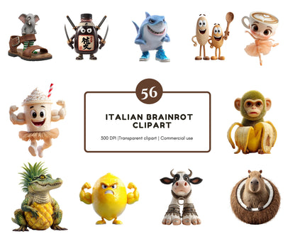 56 Italian Brainrot Clipart Bundle, Italian Brainrot png, Funny Meme Characters, Tralalero Tralala, Bombardino Cocodrilo, Téléchargement instantané