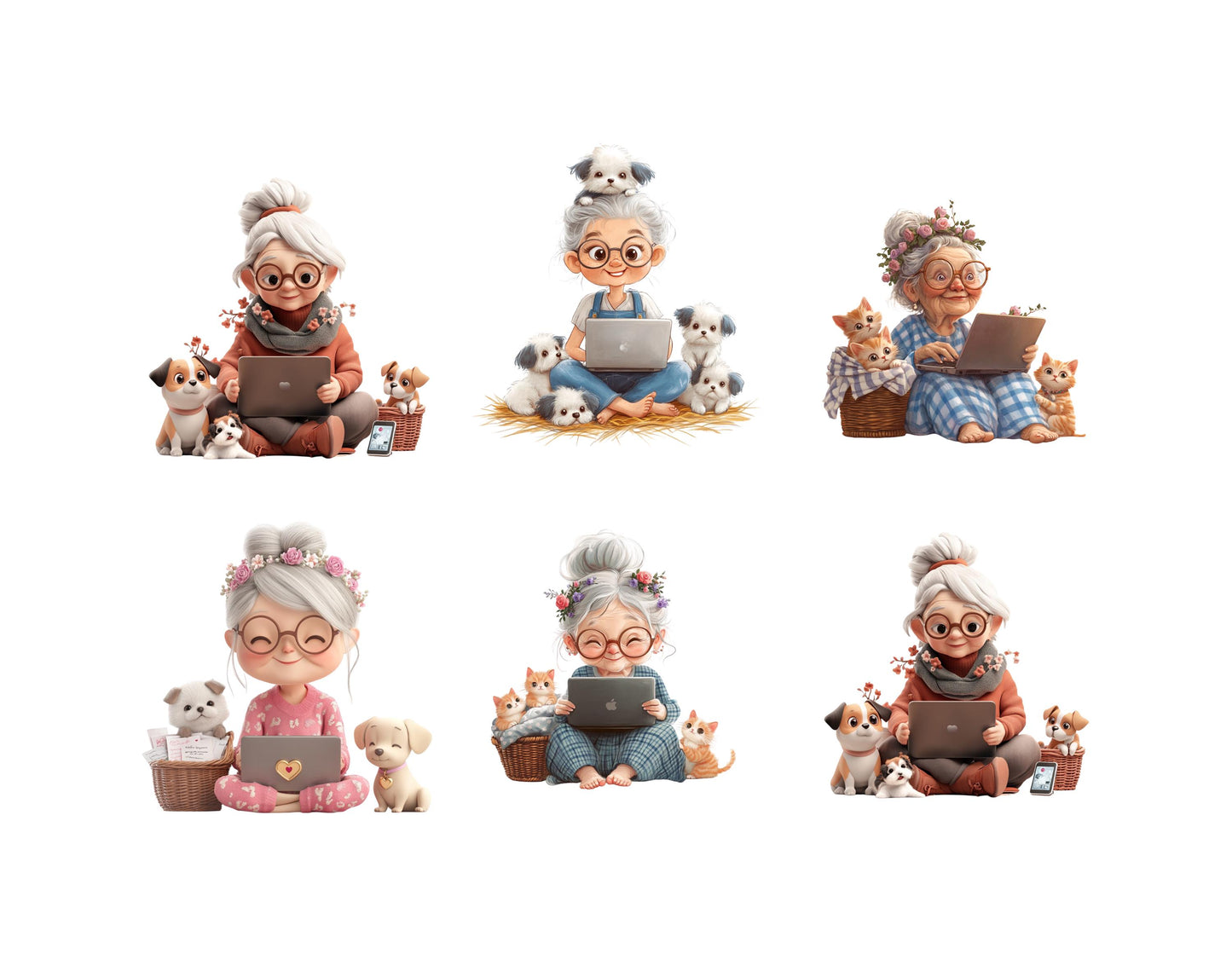 Funny Senior Lady With Laptop Clipart, Grandma PNG (Digital Download)