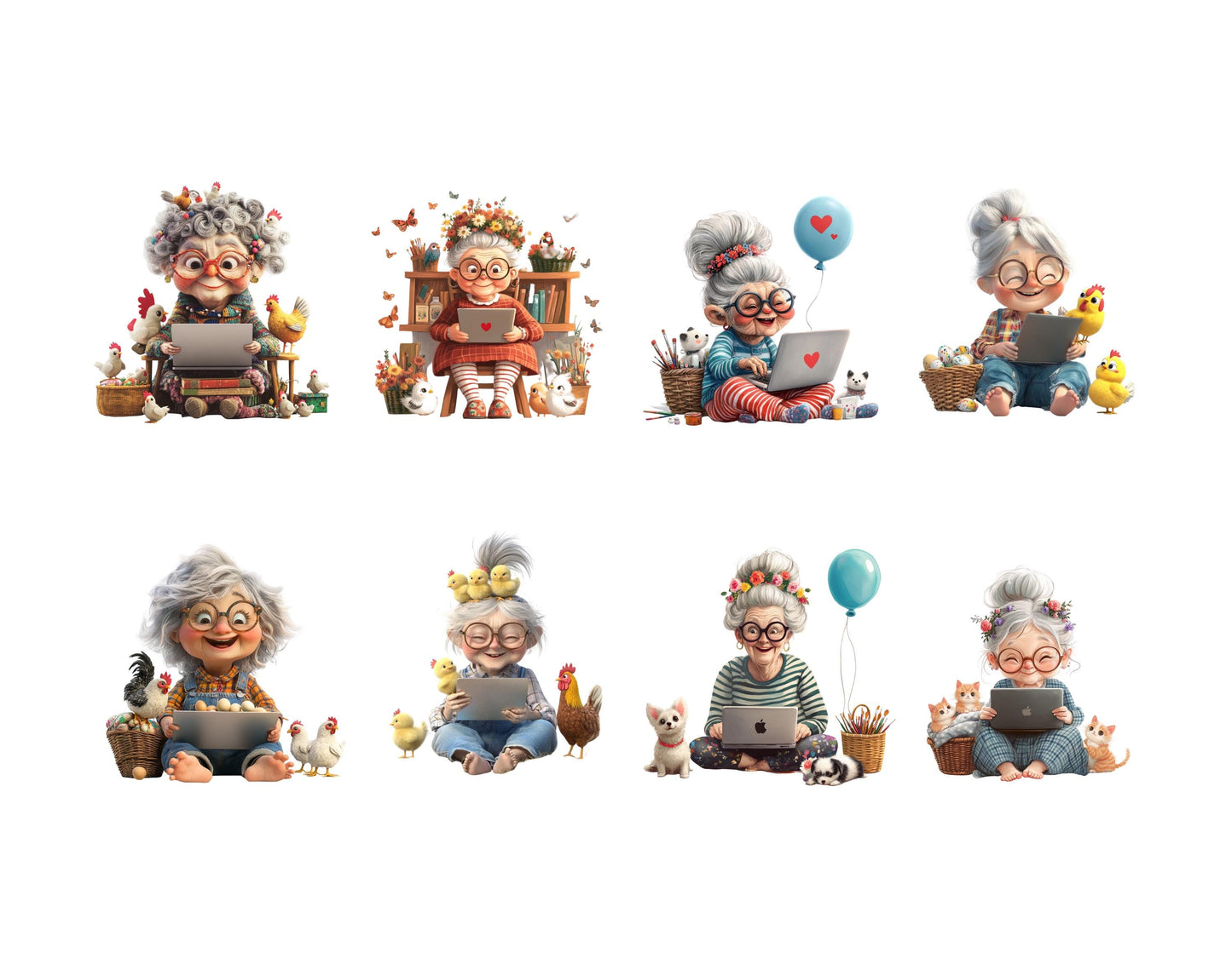 Funny Senior Lady With Laptop Clipart, Grandma PNG (Digital Download)