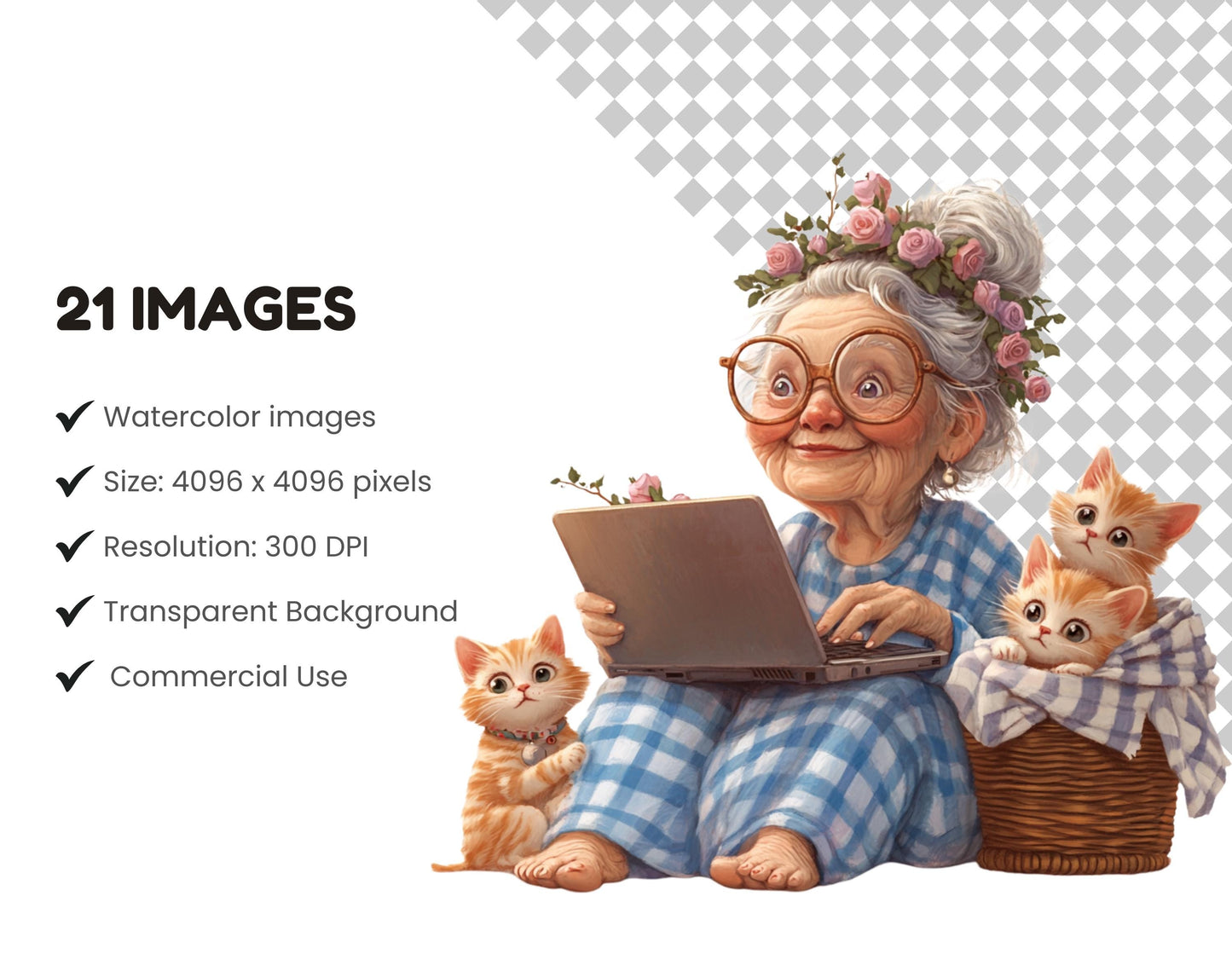 Funny Senior Lady With Laptop Clipart, Grandma PNG (Digital Download)