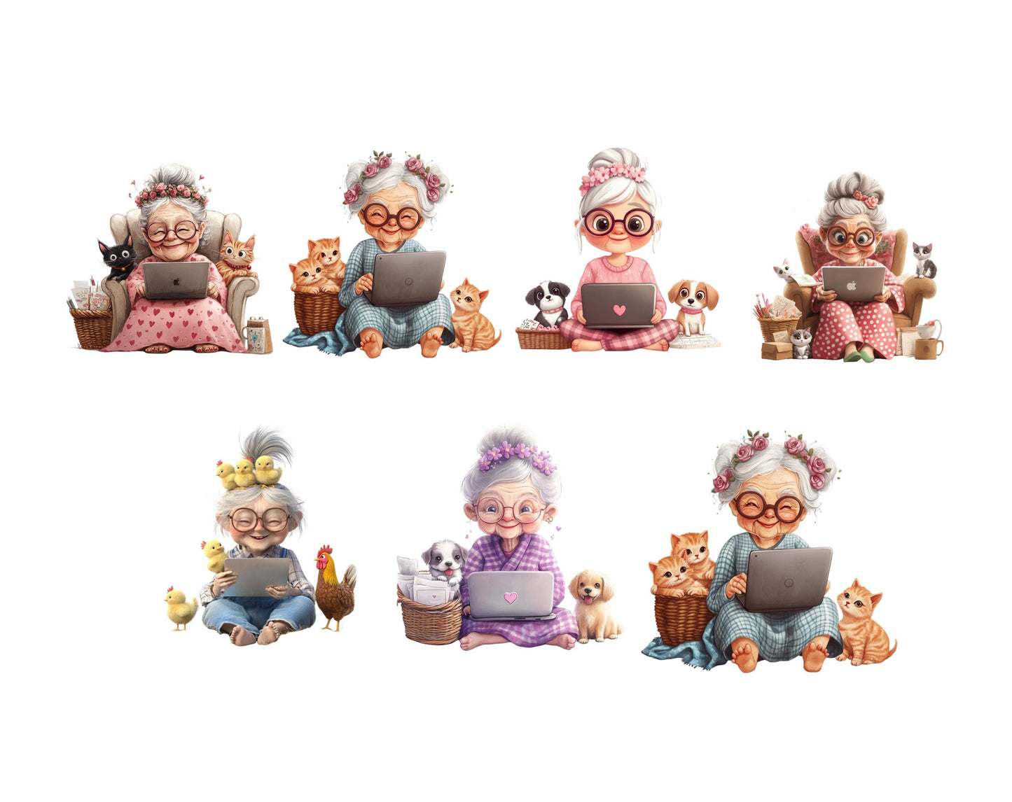 Funny Senior Lady With Laptop Clipart, Grandma PNG (Digital Download)