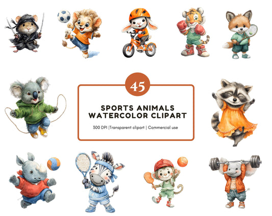 Watercolor Sports Animal Clipart Bundle, Sports Animal opng, Cute Animal Clipart, Nursery Decor png Bundle, Sports Animal Clipart png Bundle