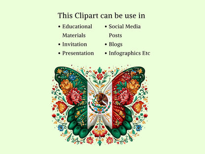 Mexico Butterfly Clipart, Mexico Butterfly png, Patriotic png, Mexican Flag Clipart, Flowers png, T-Shirt Design, Sublimation png