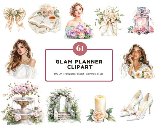 Glam Planner Clipart Bundle, Planner Clipart, Glam Planner png, Watercolor Glam Planner Clipart, Selfcare Clipart, Morning Routine Clipart