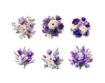 Watercolor Purple Flowers Clipart, Flowers Bouquet Clipart Bundle, Purple Flower png, Violet Flower Clipart, Floral png Bundle