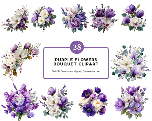 Watercolor Purple Flowers Clipart, Flowers Bouquet Clipart Bundle, Purple Flower png, Violet Flower Clipart, Floral png Bundle