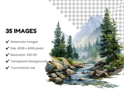 35 Lake Landscape Clipart, Watercolor Lake Clipart, Lake Landscape png, River View Clipart, Forest Landscape Clipart, Instant Download