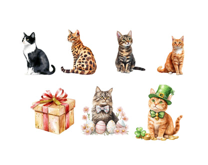 Ensemble d'images clipart de chats classiques, PNG de chats classiques, images clipart d'animaux à l'aquarelle, images clipart de chats mignons, PNG de chats, images clipart d'éléments de fêtes, téléchargement instantané
