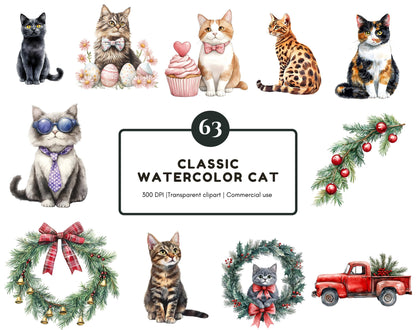 Ensemble d'images clipart de chats classiques, PNG de chats classiques, images clipart d'animaux à l'aquarelle, images clipart de chats mignons, PNG de chats, images clipart d'éléments de fêtes, téléchargement instantané