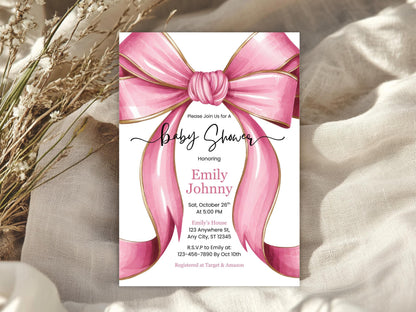 Pink Bow Baby Shower Invitation, Coquette Bow Baby Shower Invite, Bow Girl Baby Shower, Cute Girl Baby Shower Invite, Bow Baby Shower Invite