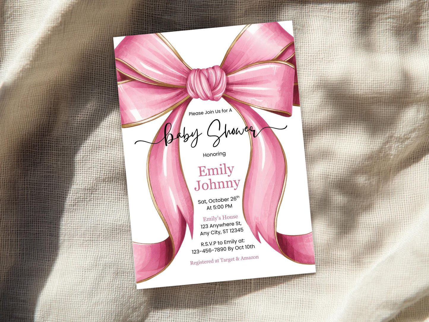 Pink Bow Baby Shower Invitation, Coquette Bow Baby Shower Invite, Bow Girl Baby Shower, Cute Girl Baby Shower Invite, Bow Baby Shower Invite