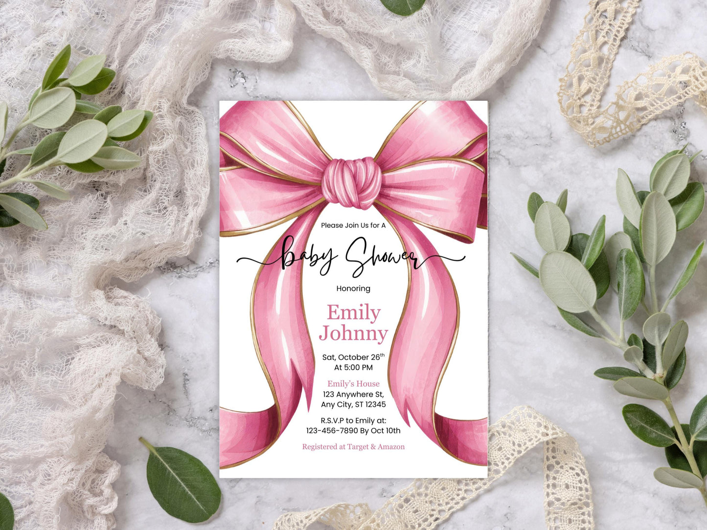 Pink Bow Baby Shower Invitation, Coquette Bow Baby Shower Invite, Bow Girl Baby Shower, Cute Girl Baby Shower Invite, Bow Baby Shower Invite