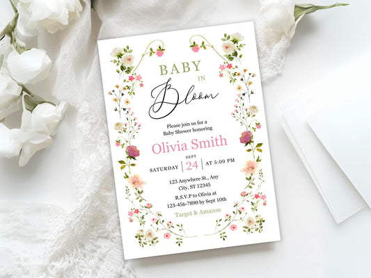 Floral Baby Shower Invitation, Vintage Floral Baby Shower Invite, Chinoiserie Hand Drawn Baby Shower Template, Green Floral Baby Shower