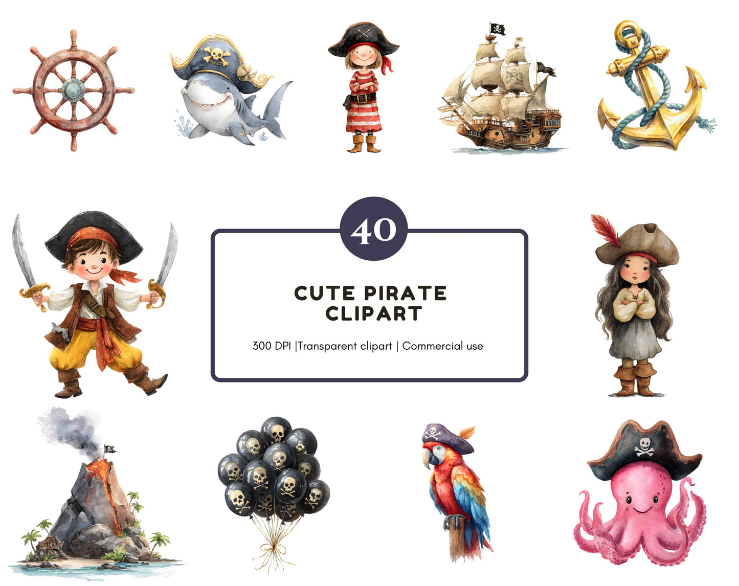 Aquarell-Piraten-Clipart-Paket, Kinderzimmerkunst (Digitaler Download)