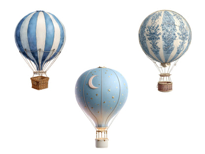 Blue Hot Air Balloon Clipart Bundle, Watercolor Hot Air Balloon png, Pastel Hot Air Balloon png, Hot Air Balloon Clipart, Baby Shower Decor