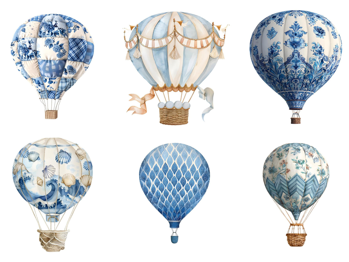 Blue Hot Air Balloon Clipart Bundle, Watercolor Hot Air Balloon png, Pastel Hot Air Balloon png, Hot Air Balloon Clipart, Baby Shower Decor