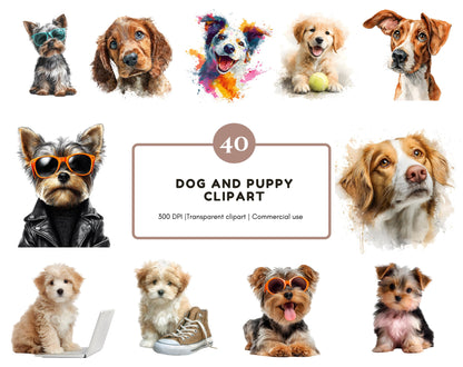 40 Hunde- und Welpen-Cliparts, Aquarell-Hunde- und Welpen-Clipart-Bundle, Hunde- und Welpen-PNG, Hochwertiges Welpen-PNG, Niedliches Welpen-PNG, Cooles Hunde-PNG