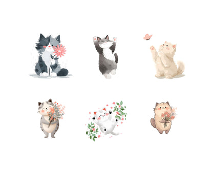 Watercolor Spring Kitten Clipart Bundle, Floral Cat PNG (Digital Download)