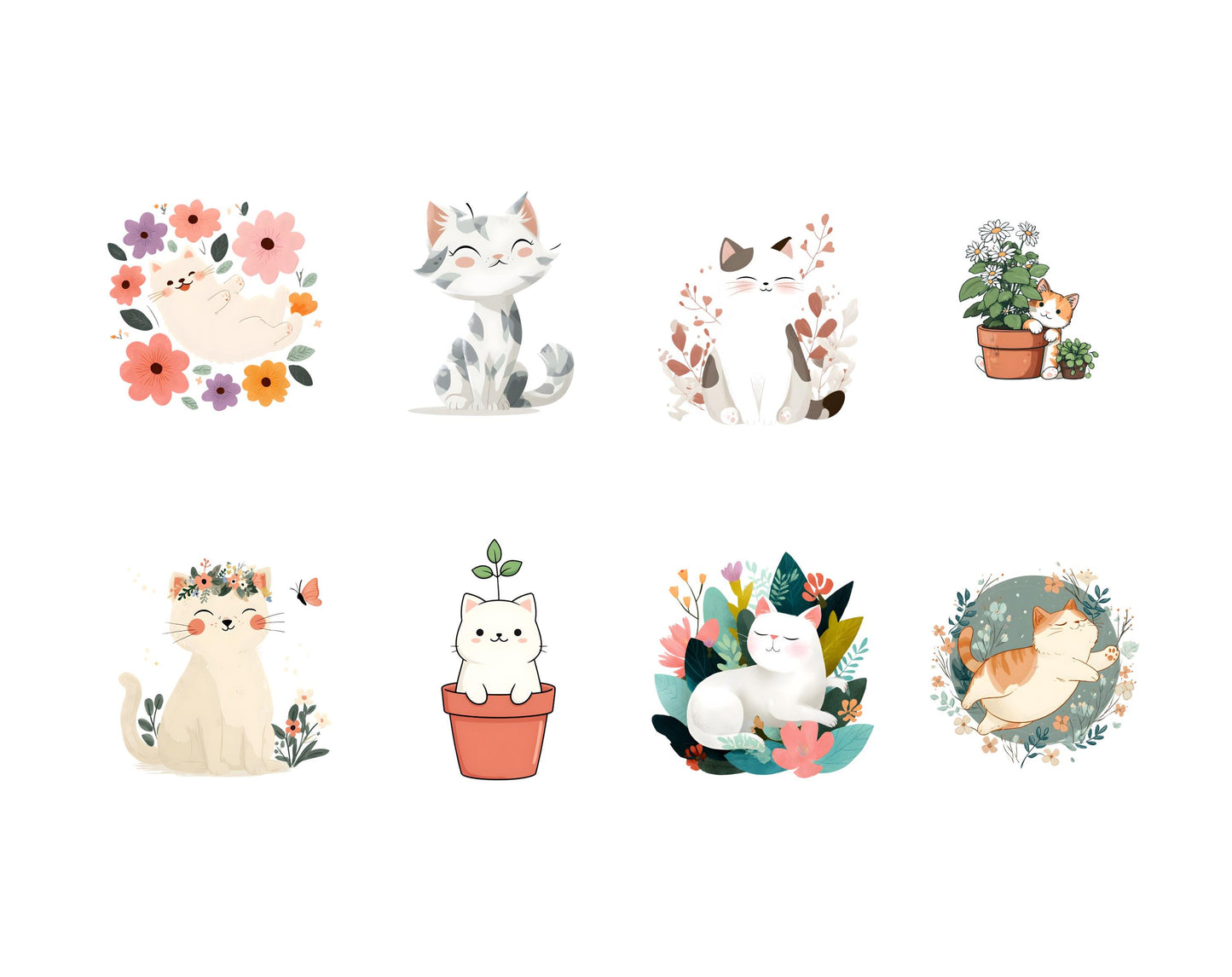 Watercolor Spring Kitten Clipart Bundle, Floral Cat PNG (Digital Download)