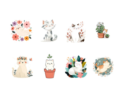 Watercolor Spring Kitten Clipart Bundle, Floral Cat PNG (Digital Download)