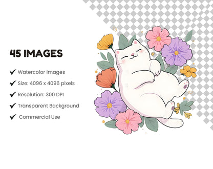 Watercolor Spring Kitten Clipart Bundle, Floral Cat PNG (Digital Download)