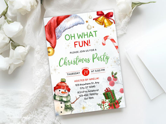 Oh What Fun Holiday Invite, Editable Christmas Party Invitation, Winter Watercolor Snowman Invite