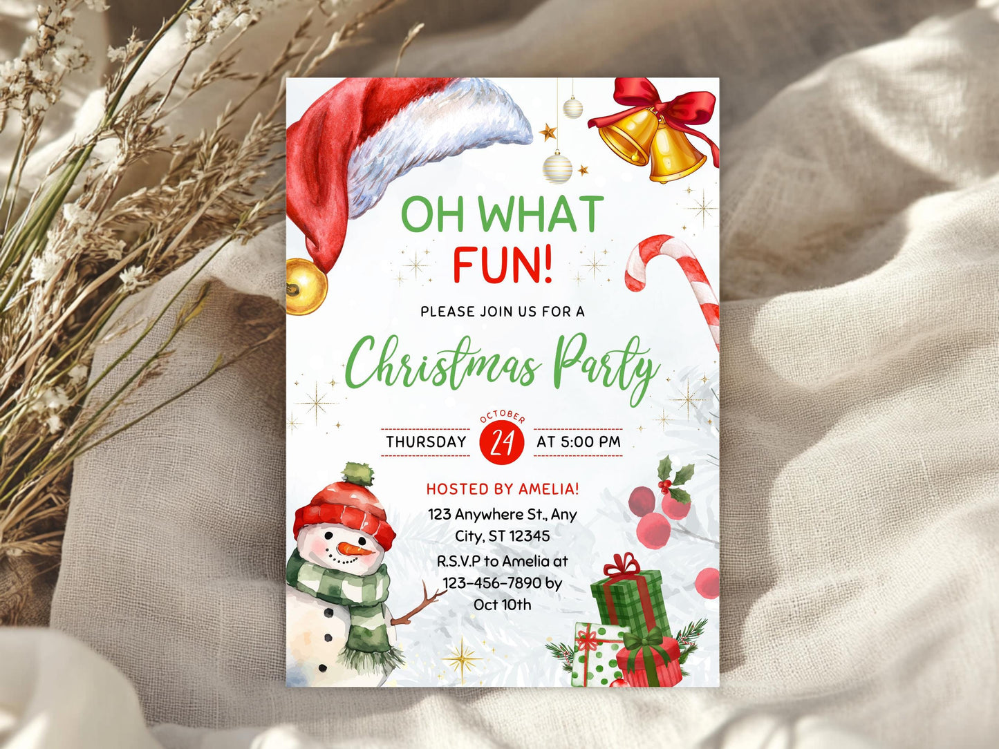 Invitation pour une fête de Noël amusante et modifiable, avec un bonhomme de neige aquarelle.