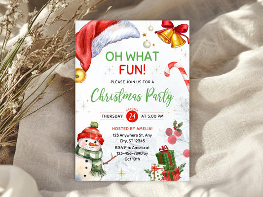 Oh What Fun Holiday Invite, Editable Christmas Party Invitation, Winter Watercolor Snowman Invite