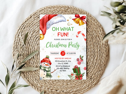 Invitation pour une fête de Noël amusante et modifiable, avec un bonhomme de neige aquarelle.