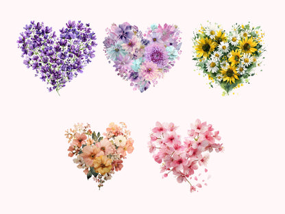 Watercolor Floral Heart Clipart Bundle, Floral Heart png, Cherry Heart png, Heart Printable Clipart, Valentine Floral Heart Clipart